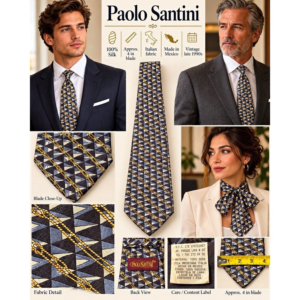 Vintage Paolo Santini Woven Silk Tie Navy Gold Geometric Classic 4” Width 1990s